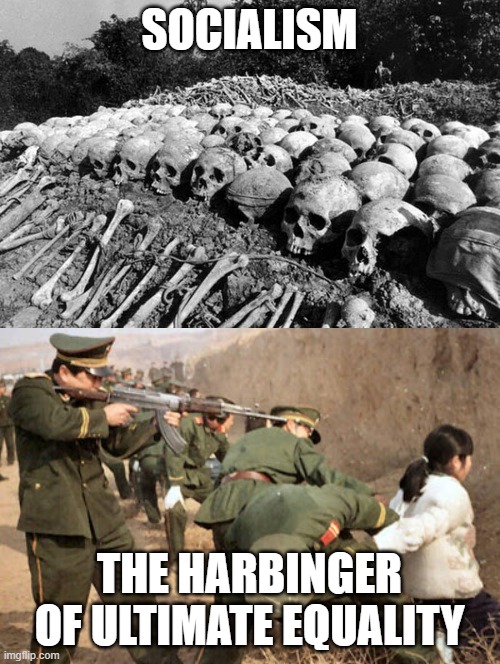 SOCIALISM THE HARBINGER OF ULTIMATE EQUALITY | image tagged in cambodia killing fields,communist execution | made w/ Imgflip meme maker