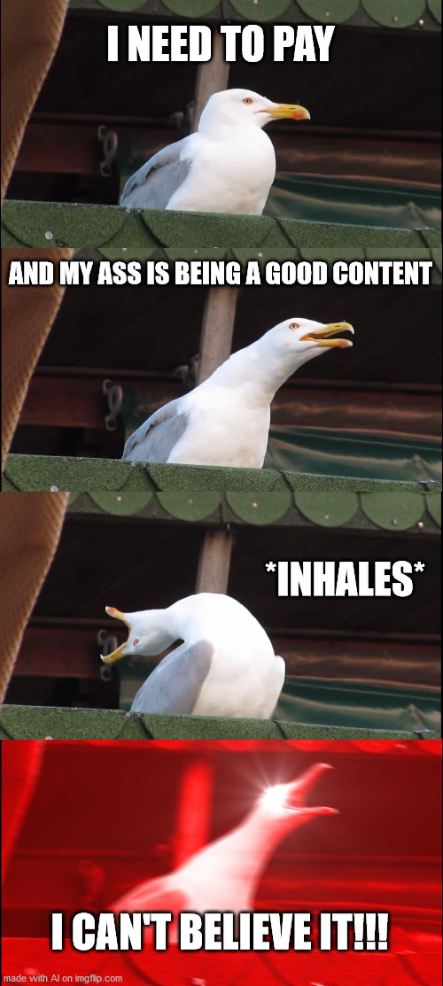 I CAN'T BELIEVE IT! | I NEED TO PAY; AND MY ASS IS BEING A GOOD CONTENT; *INHALES*; I CAN'T BELIEVE IT!!! | image tagged in memes,inhaling seagull | made w/ Imgflip meme maker