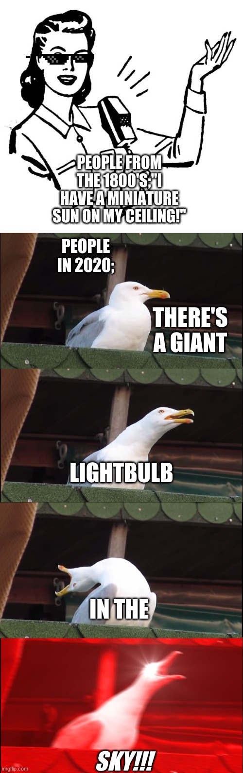 PEOPLE FROM THE 1800'S;"I HAVE A MINIATURE SUN ON MY CEILING!"; PEOPLE IN 2020;; THERE'S A GIANT; LIGHTBULB; IN THE; SKY!!! | image tagged in old fashion lady,memes,inhaling seagull,millennials | made w/ Imgflip meme maker