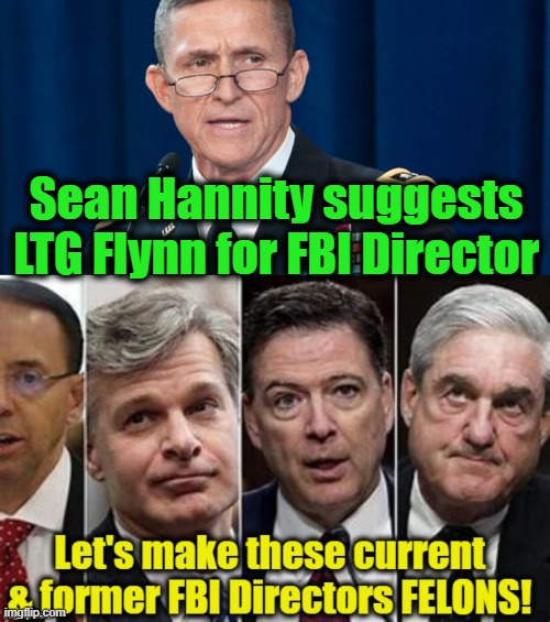 Meet the New Boss? NOT the SAME as the Old Boss! | Sean Hannity suggests LTG Flynn for FBI Director | image tagged in politics,political meme,fbi,fbi investigation,democrat party,government corruption | made w/ Imgflip meme maker