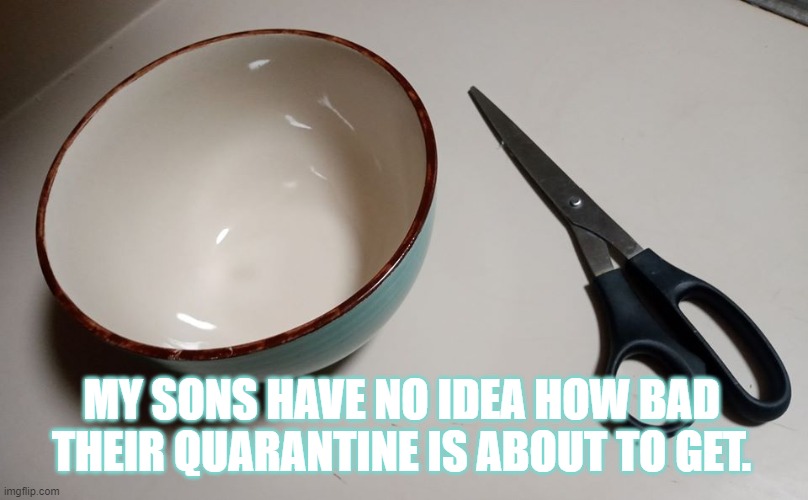 Modern problems require household solutions. | MY SONS HAVE NO IDEA HOW BAD THEIR QUARANTINE IS ABOUT TO GET. | image tagged in coronavirus,covid-19,quarantine,snip snip | made w/ Imgflip meme maker