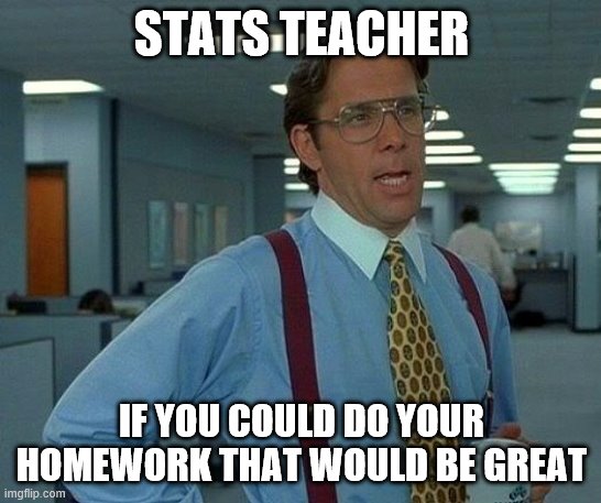 That Would Be Great | STATS TEACHER; IF YOU COULD DO YOUR HOMEWORK THAT WOULD BE GREAT | image tagged in memes,that would be great | made w/ Imgflip meme maker
