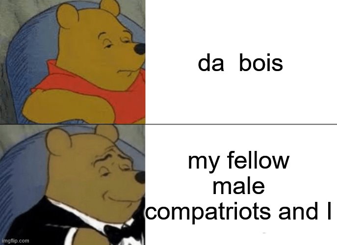 Tuxedo Winnie The Pooh Meme | da  bois; my fellow male compatriots and I | image tagged in memes,tuxedo winnie the pooh | made w/ Imgflip meme maker