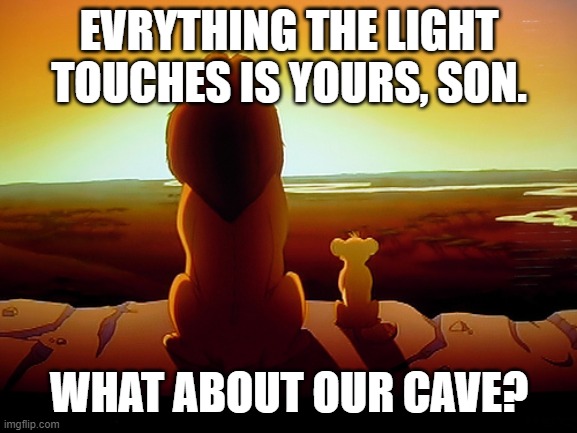 Lion King Meme | EVRYTHING THE LIGHT TOUCHES IS YOURS, SON. WHAT ABOUT OUR CAVE? | image tagged in memes,lion king | made w/ Imgflip meme maker
