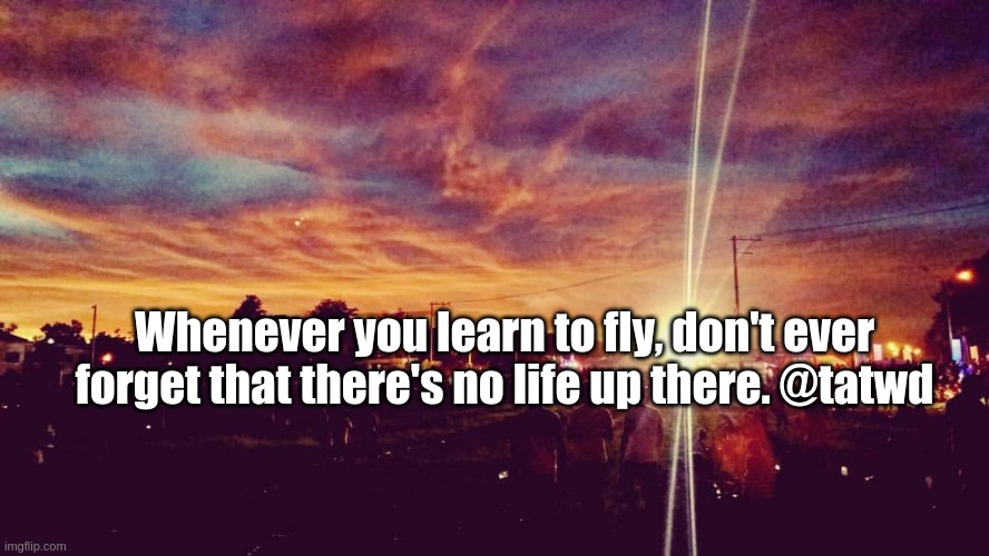 When ever you learn to fly | Whenever you learn to fly, don't ever forget that there's no life up there. @tatwd | image tagged in tatwd,thoughts at the wake of dawn | made w/ Imgflip meme maker