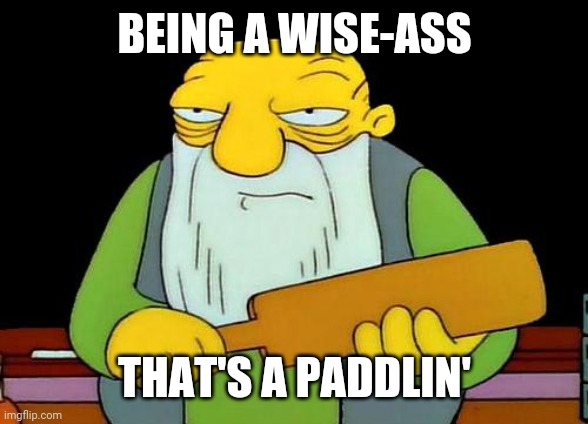 That's a paddlin' | BEING A WISE-ASS; THAT'S A PADDLIN' | image tagged in memes,that's a paddlin' | made w/ Imgflip meme maker