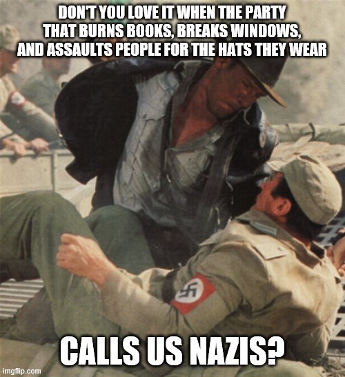Indiana Jones Punching Nazis | DON'T YOU LOVE IT WHEN THE PARTY THAT BURNS BOOKS, BREAKS WINDOWS, AND ASSAULTS PEOPLE FOR THE HATS THEY WEAR CALLS US NAZIS? | image tagged in indiana jones punching nazis | made w/ Imgflip meme maker