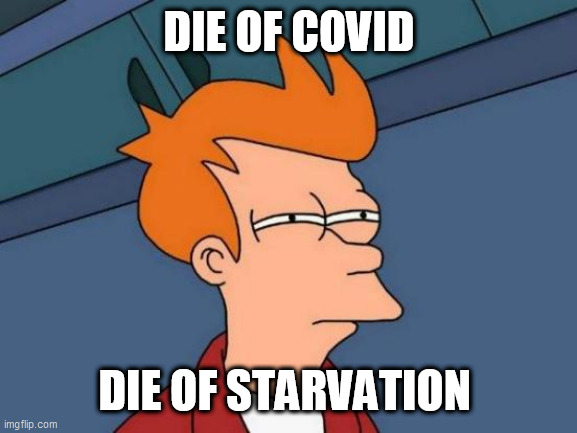 Futurama Fry Meme | DIE OF COVID; DIE OF STARVATION | image tagged in memes,futurama fry | made w/ Imgflip meme maker
