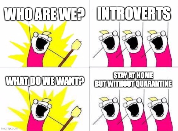 What Do We Want | WHO ARE WE? INTROVERTS; STAY AT HOME BUT WITHOUT QUARANTINE; WHAT DO WE WANT? | image tagged in memes,what do we want | made w/ Imgflip meme maker