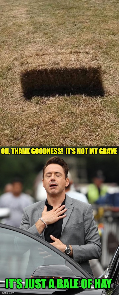 Hole different perspective | OH, THANK GOODNESS!  IT’S NOT MY GRAVE; IT’S JUST A BALE OF HAY | image tagged in relief,hay,hole,grave,robert downey jr,perspective | made w/ Imgflip meme maker