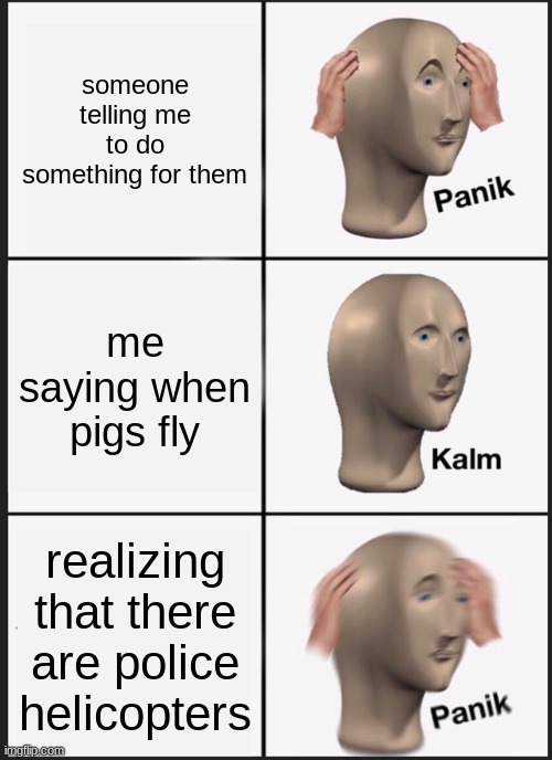 when pigs fly | someone telling me to do something for them; me saying when pigs fly; realizing that there are police helicopters | image tagged in memes,panik kalm panik | made w/ Imgflip meme maker