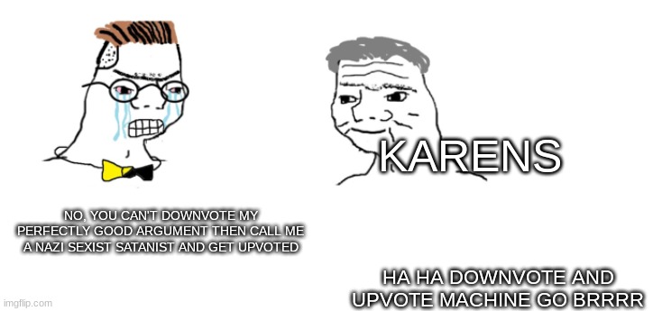 nooo haha go brrr | KARENS; NO, YOU CAN'T DOWNVOTE MY PERFECTLY GOOD ARGUMENT THEN CALL ME A NAZI SEXIST SATANIST AND GET UPVOTED; HA HA DOWNVOTE AND UPVOTE MACHINE GO BRRRR | image tagged in nooo haha go brrr | made w/ Imgflip meme maker