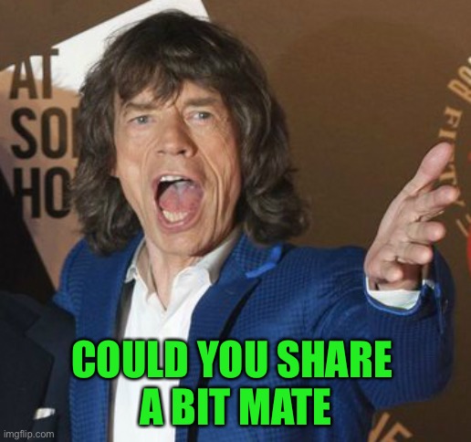 Mick Jagger Wtf | COULD YOU SHARE 
A BIT MATE | image tagged in mick jagger wtf | made w/ Imgflip meme maker