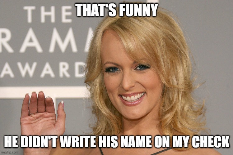 Stormy Daniels | THAT'S FUNNY; HE DIDN'T WRITE HIS NAME ON MY CHECK | image tagged in stormy daniels,donald trump is an idiot,conservative hypocrisy | made w/ Imgflip meme maker