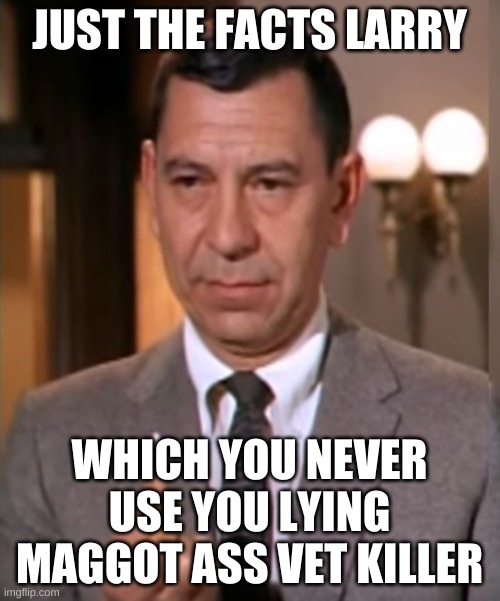 Joe Friday Lights a Match | JUST THE FACTS LARRY WHICH YOU NEVER USE YOU LYING MAGGOT ASS VET KILLER | image tagged in joe friday lights a match | made w/ Imgflip meme maker