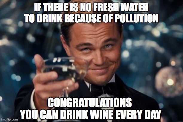 Leonardo Dicaprio Cheers | IF THERE IS NO FRESH WATER TO DRINK BECAUSE OF POLLUTION; CONGRATULATIONS
 YOU CAN DRINK WINE EVERY DAY | image tagged in memes,leonardo dicaprio cheers | made w/ Imgflip meme maker