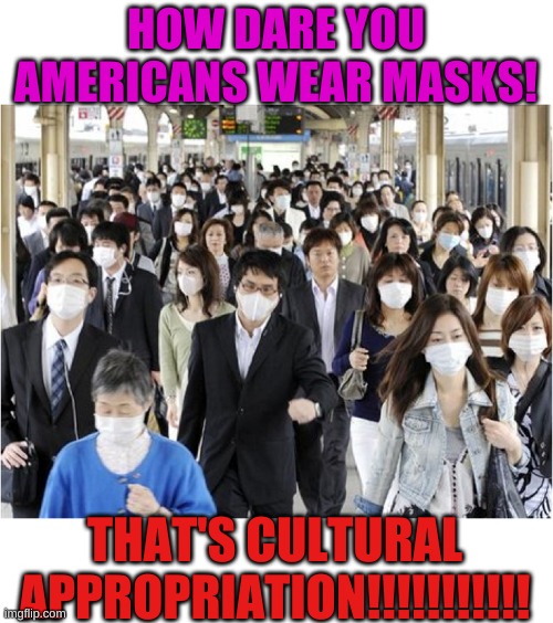 Get your own Culture! | HOW DARE YOU AMERICANS WEAR MASKS! THAT'S CULTURAL APPROPRIATION!!!!!!!!!!! | image tagged in tokyo | made w/ Imgflip meme maker