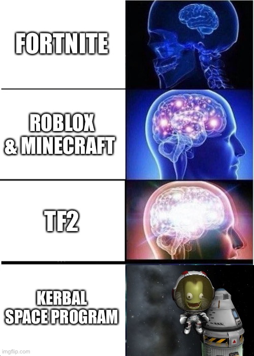 Gaming choices | FORTNITE; ROBLOX & MINECRAFT; TF2; KERBAL SPACE PROGRAM | image tagged in memes,expanding brain | made w/ Imgflip meme maker
