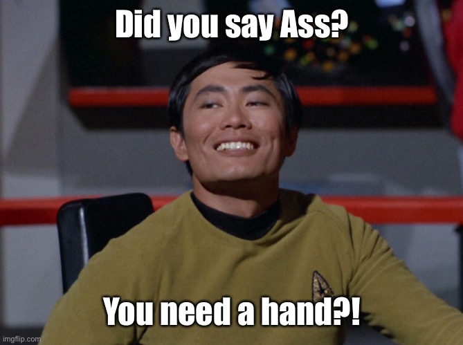 Sulu smug | Did you say Ass? You need a hand?! | image tagged in sulu smug | made w/ Imgflip meme maker