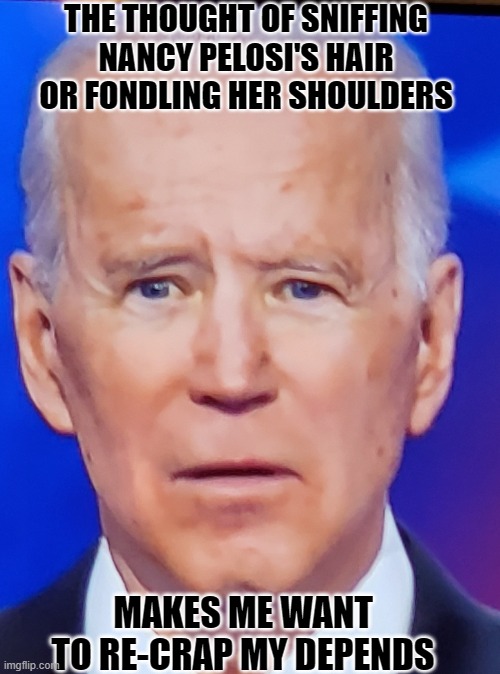 Lying Joe | THE THOUGHT OF SNIFFING NANCY PELOSI'S HAIR OR FONDLING HER SHOULDERS; MAKES ME WANT TO RE-CRAP MY DEPENDS | image tagged in joe biden eye | made w/ Imgflip meme maker