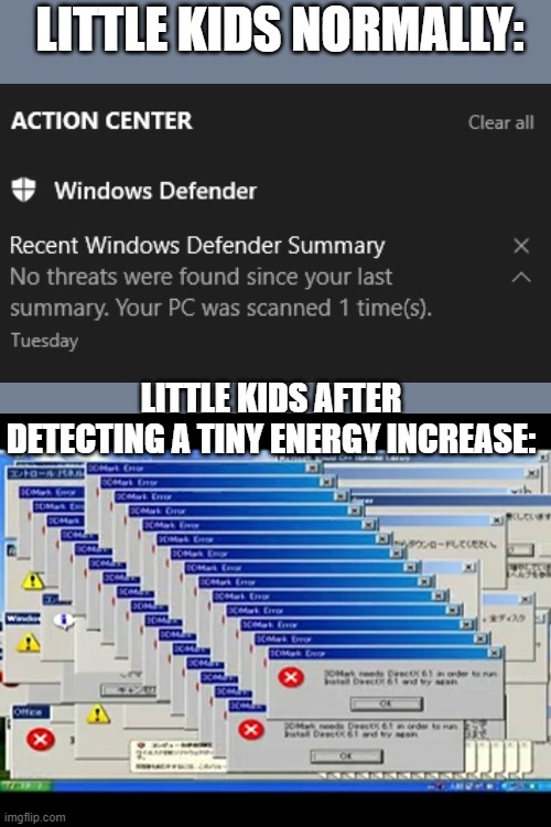 Little kids be like: | LITTLE KIDS NORMALLY:; LITTLE KIDS AFTER DETECTING A TINY ENERGY INCREASE: | image tagged in windows errors,little kid,funny,memes,error,energy | made w/ Imgflip meme maker