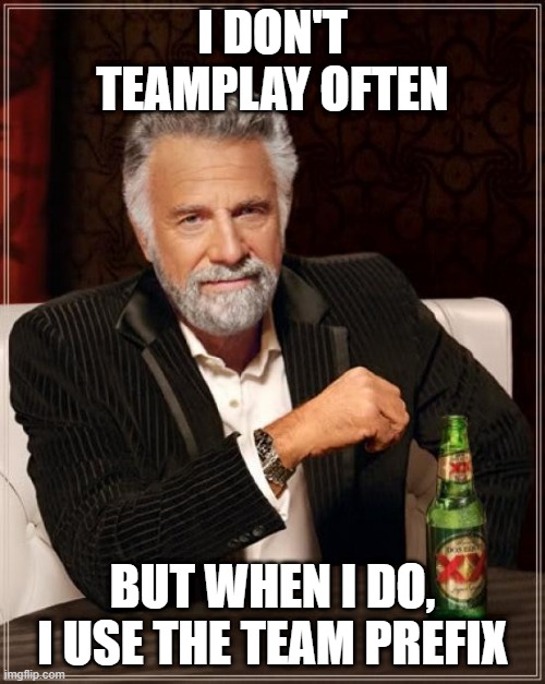 The Most Interesting Man In The World Meme | I DON'T TEAMPLAY OFTEN; BUT WHEN I DO, I USE THE TEAM PREFIX | image tagged in memes,the most interesting man in the world | made w/ Imgflip meme maker