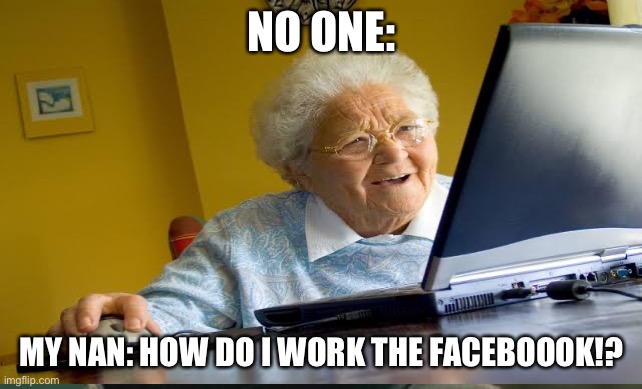 How do you work the facebook! | NO ONE:; MY NAN: HOW DO I WORK THE FACEBOOOK!? | image tagged in grandma finds the internet,grandma,granny | made w/ Imgflip meme maker