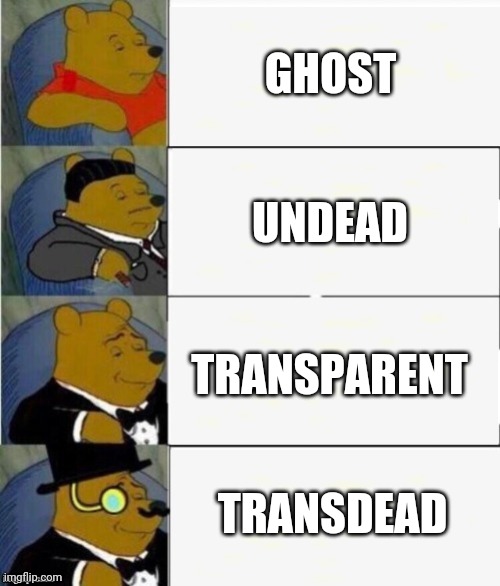 Tuxedo Winnie the Pooh 4 panel | GHOST; UNDEAD; TRANSPARENT; TRANSDEAD | image tagged in tuxedo winnie the pooh 4 panel | made w/ Imgflip meme maker