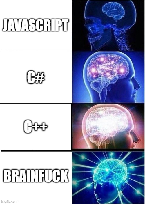 Brainfuck | JAVASCRIPT; C#; C++; BRAINFUCK | image tagged in memes,expanding brain,javascript,programming | made w/ Imgflip meme maker
