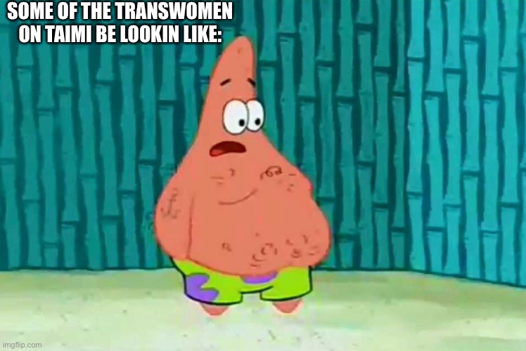 If you’re going to identify as a woman, could you at least maybe possibly perhaps... put on a shirt | SOME OF THE TRANSWOMEN ON TAIMI BE LOOKIN LIKE: | image tagged in patrick,spongebob,shirtless,transgender,dating,shirt | made w/ Imgflip meme maker