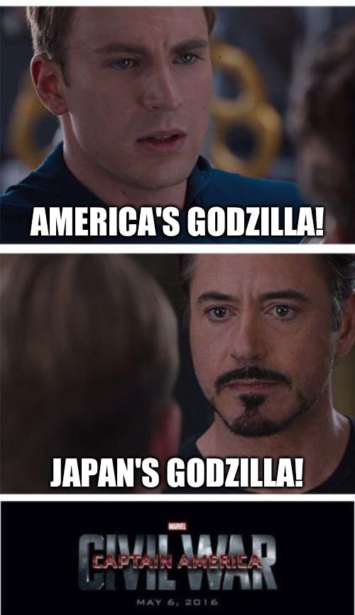 Heated argument over which Godzilla is the best | AMERICA'S GODZILLA! JAPAN'S GODZILLA! | image tagged in memes,marvel civil war 1 | made w/ Imgflip meme maker