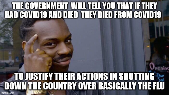 A big fat Lie | THE GOVERNMENT  WILL TELL YOU THAT IF THEY HAD COVID19 AND DIED  THEY DIED FROM COVID19; TO JUSTIFY THEIR ACTIONS IN SHUTTING DOWN THE COUNTRY OVER BASICALLY THE FLU | image tagged in memes,roll safe think about it | made w/ Imgflip meme maker