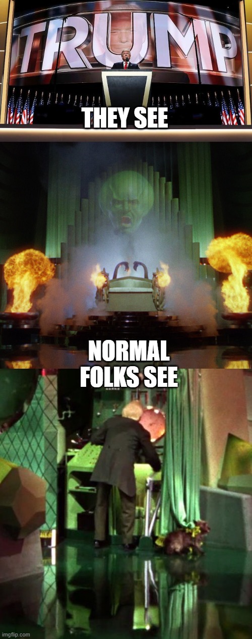 THEY SEE NORMAL FOLKS SEE | image tagged in wizard of oz exposed,wizard of oz powerful | made w/ Imgflip meme maker