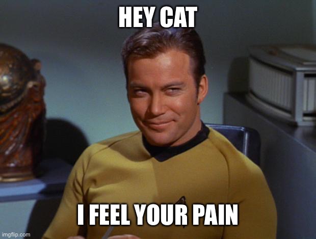 Kirk Smirk | HEY CAT I FEEL YOUR PAIN | image tagged in kirk smirk | made w/ Imgflip meme maker