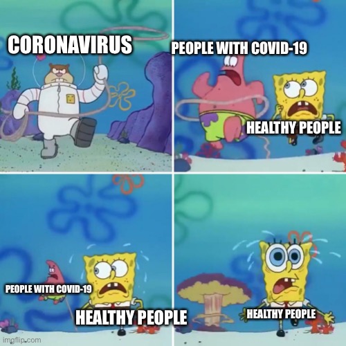 Corona virus | CORONAVIRUS; PEOPLE WITH COVID-19; HEALTHY PEOPLE; PEOPLE WITH COVID-19; HEALTHY PEOPLE; HEALTHY PEOPLE | image tagged in sandy lasso | made w/ Imgflip meme maker