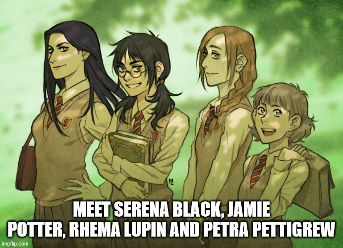 Rule #63 also applies to the Marauders. | MEET SERENA BLACK, JAMIE POTTER, RHEMA LUPIN AND PETRA PETTIGREW | image tagged in rule 63,female marauders,marauders,harry potter | made w/ Imgflip meme maker