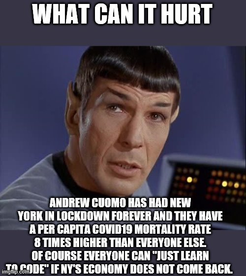 Mr. Spock | WHAT CAN IT HURT ANDREW CUOMO HAS HAD NEW YORK IN LOCKDOWN FOREVER AND THEY HAVE A PER CAPITA COVID19 MORTALITY RATE 8 TIMES HIGHER THAN EVE | image tagged in mr spock | made w/ Imgflip meme maker