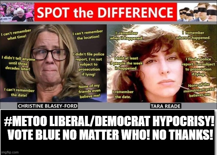 #METOO Liberal/Democrat Hypocrisy! Vote Blue No Matter Who! No Thanks! | #METOO LIBERAL/DEMOCRAT HYPOCRISY!  VOTE BLUE NO MATTER WHO! NO THANKS! | image tagged in stupid liberals,democrats,creepy joe biden,biden,ConservativeMemes | made w/ Imgflip meme maker