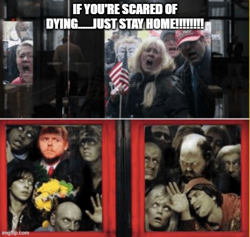 Conservatives of the dead | IF YOU'RE SCARED OF DYING......JUST STAY HOME!!!!!!!! | image tagged in covid-19,trump,covidiots,covid19,covid,conservative logic | made w/ Imgflip meme maker