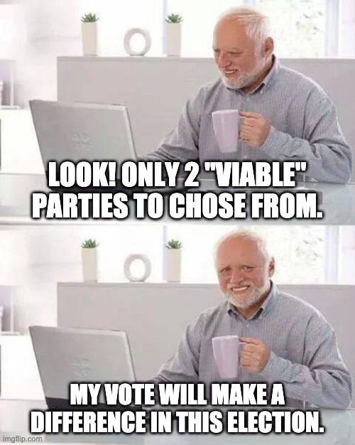my vote counts | LOOK! ONLY 2 "VIABLE" PARTIES TO CHOSE FROM. MY VOTE WILL MAKE A DIFFERENCE IN THIS ELECTION. | image tagged in memes,hide the pain harold | made w/ Imgflip meme maker