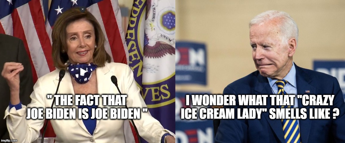 Nancy says Joe is Joe | " THE FACT THAT JOE BIDEN IS JOE BIDEN "; I WONDER WHAT THAT "CRAZY ICE CREAM LADY" SMELLS LIKE ? | image tagged in joe biden,nancy pelosi,political meme,election 2020 | made w/ Imgflip meme maker