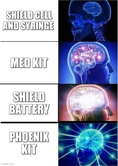 Expanding Brain Meme | SHIELD CELL AND SYRINGE; MED KIT; SHIELD BATTERY; PHOENIX KIT | image tagged in memes,expanding brain | made w/ Imgflip meme maker