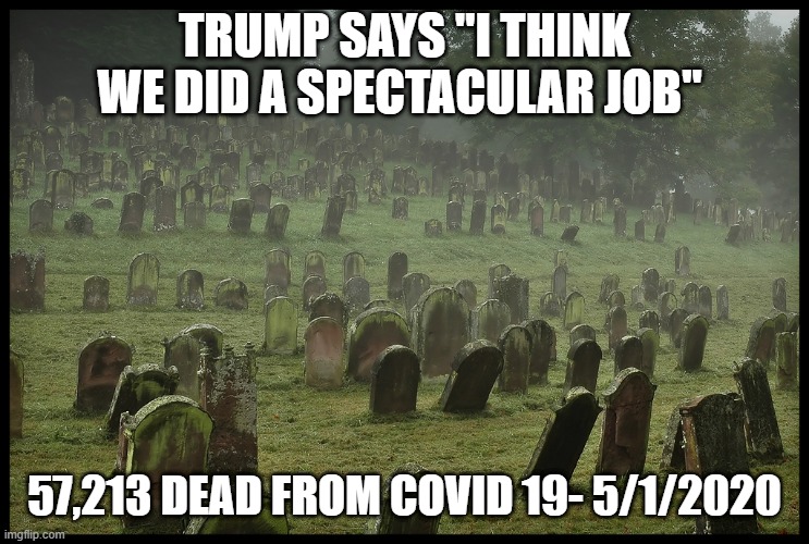 real news | TRUMP SAYS "I THINK WE DID A SPECTACULAR JOB"; 57,213 DEAD FROM COVID 19- 5/1/2020 | image tagged in trump,covid19,death | made w/ Imgflip meme maker