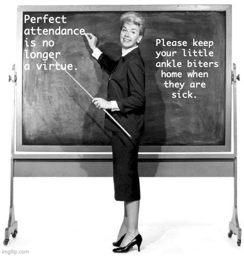 Change Is Good | Perfect 
attendance
is no
longer
a virtue. Please keep 
your little 
ankle biters
home when 
they are 
sick. | image tagged in teachers pet,school,teacher,kids,blackboard,sick | made w/ Imgflip meme maker