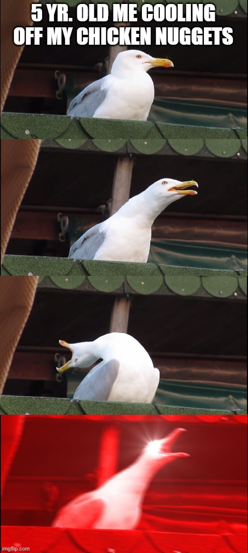 Inhaling Seagull Meme | 5 YR. OLD ME COOLING OFF MY CHICKEN NUGGETS | image tagged in memes,inhaling seagull | made w/ Imgflip meme maker