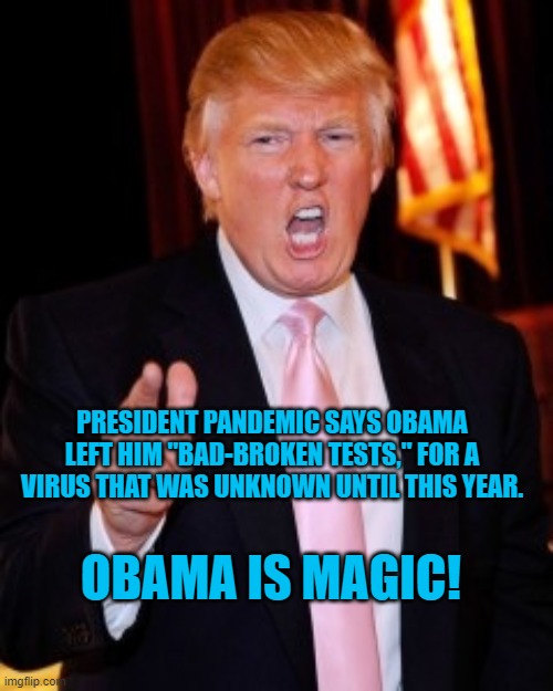 President Pandemic's Newest Excuse | PRESIDENT PANDEMIC SAYS OBAMA LEFT HIM "BAD-BROKEN TESTS," FOR A VIRUS THAT WAS UNKNOWN UNTIL THIS YEAR. OBAMA IS MAGIC! | image tagged in donald trump | made w/ Imgflip meme maker