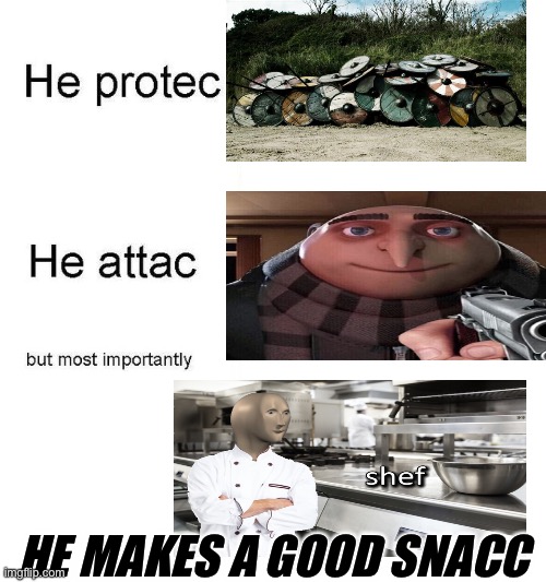 He protec | HE MAKES A GOOD SNACC | image tagged in he protec | made w/ Imgflip meme maker