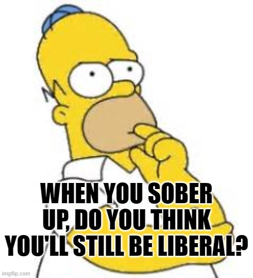 When you sober up, do you think you'll still be liberal? | WHEN YOU SOBER UP, DO YOU THINK YOU'LL STILL BE LIBERAL? | image tagged in homer simpson hmmmm,liberal logic,political meme,drunken liberals,doh,why are you a liberal anyway | made w/ Imgflip meme maker