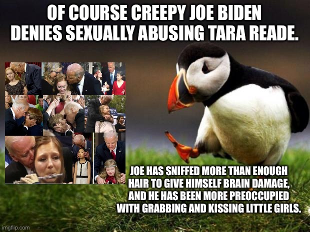 Creepy Joe is the Bill Clinton of pedophiles | OF COURSE CREEPY JOE BIDEN DENIES SEXUALLY ABUSING TARA READE. JOE HAS SNIFFED MORE THAN ENOUGH HAIR TO GIVE HIMSELF BRAIN DAMAGE, AND HE HAS BEEN MORE PREOCCUPIED WITH GRABBING AND KISSING LITTLE GIRLS. | image tagged in memes,unpopular opinion puffin,creepy joe biden,child,tara reade,sexual harassment | made w/ Imgflip meme maker
