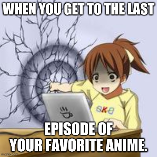 Anime wall punch | WHEN YOU GET TO THE LAST; EPISODE OF YOUR FAVORITE ANIME. | image tagged in anime wall punch | made w/ Imgflip meme maker